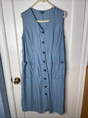 J Jill Denim Dress XL Petite Jumper Button Front Pockets Country Blue Dobby Dots